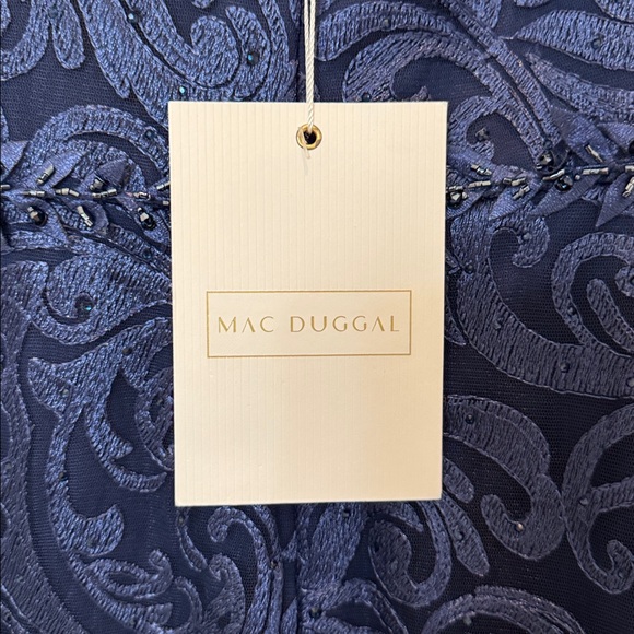 NWT Mac Duggal 11187 Blue Embroidered Lace Applique Shoulder Detail Trumpet Gown - Picture 9 of 10